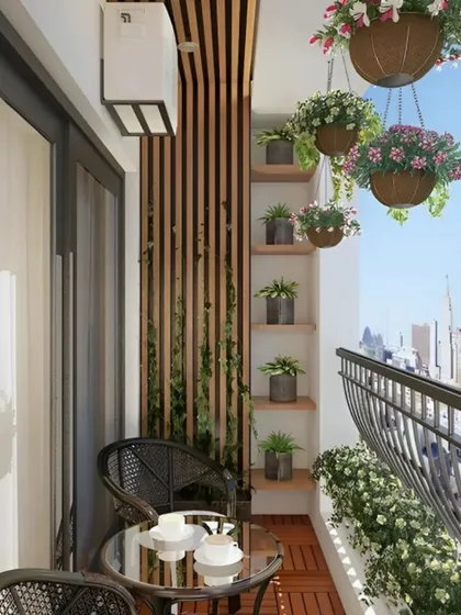 This view showcases a similar modern design with a focus on vertical elements. The slatted wood panel features built-in shelves for small plants, and hanging planters draw the eye upward, making the space feel taller.