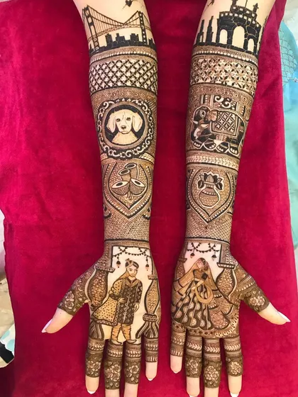 Your mehndi, your story. This bride wanted to include her beloved pet dog, along with skylines of the cities that are special to her and her partner. I love making such personalized designs.