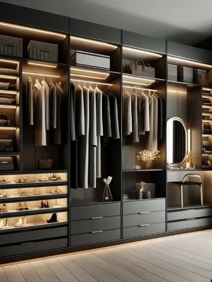 I believe in storage that is both smart and stylish. This custom walk-in closet features a moody, dark palette, integrated LED lighting, and a dedicated vanity space, turning an everyday routine into a luxury experience.