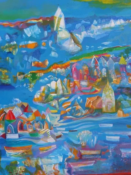 I find that art inspired by specific places carries a unique soul. Ranadip Mukherjee's 'Banaras Series' captures the mystical atmosphere of the ancient city, with its ghats and the river Ganga rendered in a vibrant, almost dreamlike palette.