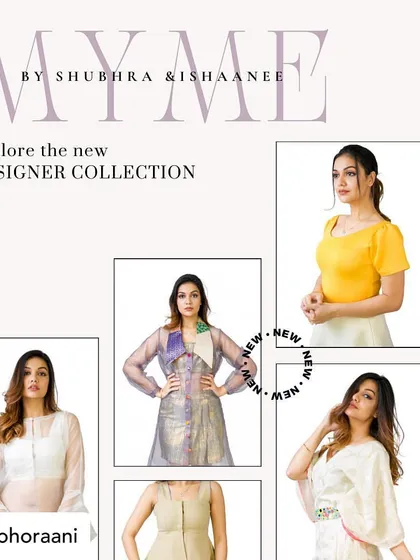 A collage showcasing our diverse designer collection available on Bohoraani. It features a variety of tops and outfits, from a bright yellow puff-sleeve blouse to an elegant organza jacket.