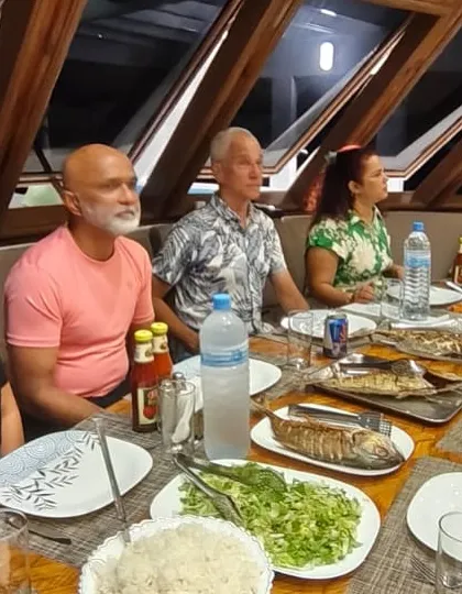A freshly caught fish dinner being served in our dining area. We believe in fresh, delicious food to make your liveaboard experience even more memorable.