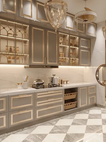 The kitchen is the heart of the home, a place of serenity and creation. We designed this space with bespoke floor inlays and a statement pantry featuring mirrored shutters and golden iron detailing, blending timeless sophistication with everyday functionality.