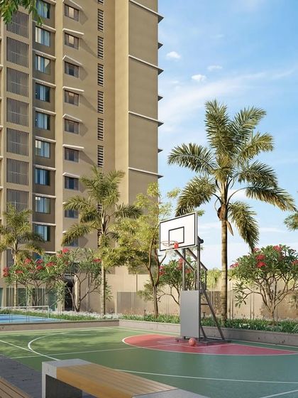 The amenity deck of the North Mumbai development, featuring a basketball court and swimming pool, designed to offer residents a complete live and play experience.