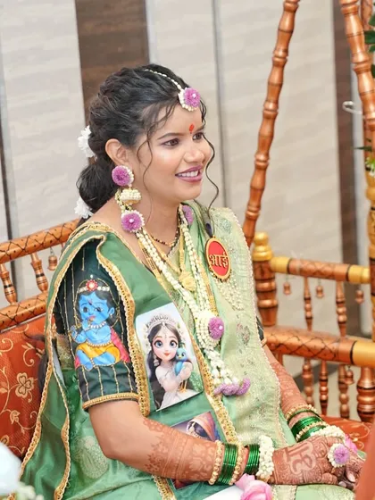 Celebrating a mother-to-be at her 'Dohale Jevan' or baby shower. I created a fresh and joyful look with floral jewellery to match the happy occasion, complete with a custom illustrated blouse.