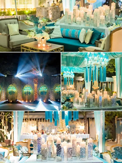 A collage of a dreamy, light-filled event with a turquoise and gold color palette, featuring candlelit decor, elegant draping, and dramatic stage lighting.