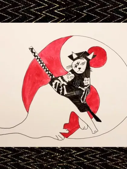 Cool cats! This samurai cat is inspired by Japanese Monmon and Damurai art. It's an ink and watercolor piece by one of my 8 to 12-year-old students.