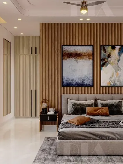 Natural wood tones bring warmth to this minimalist bedroom. A vertical wood slat accent wall is paired with sleek, floor-to-ceiling wardrobes, demonstrating how to combine texture with clean, functional storage solutions.