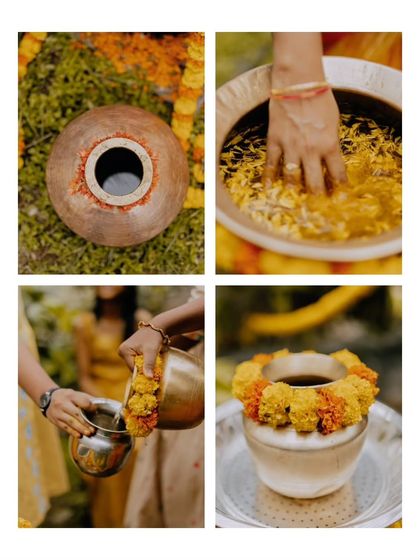 A collage of detailed shots from a Mangala Snaanam ceremony, showing the preparation of holy water with flowers.