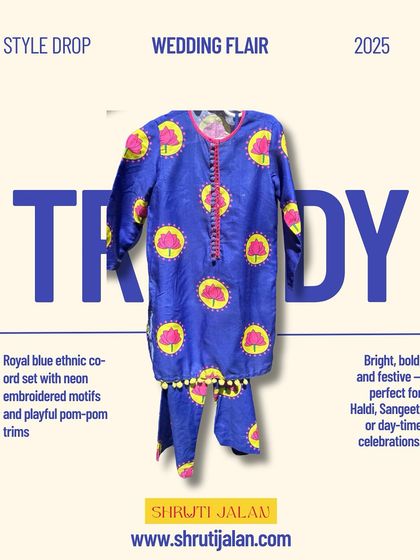 This royal blue co-ord set with neon embroidered motifs and playful pom-pom trims is bright, bold, and festive. It's a trendy choice for Haldi, Sangeet, or any day-time celebration.
