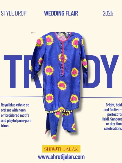 A style card for my trendy royal blue lotus-print kurta set. It's a bold and festive choice for Haldi, Sangeet, or any daytime celebration.