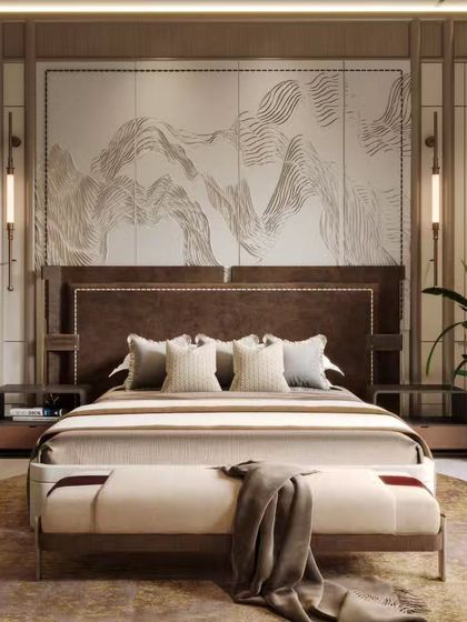 A bedroom design centered around an artistic, mountain-inspired headboard. This render showcases our ability to integrate custom art and feature walls into a cohesive and luxurious bedroom setting.