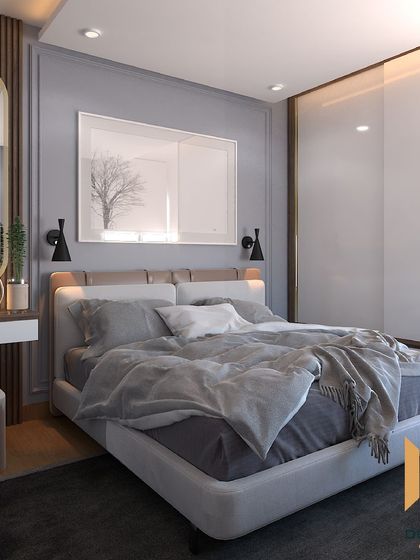 A serene master bedroom with a grey and white color scheme, fluted wood paneling, and a sleek dressing table.