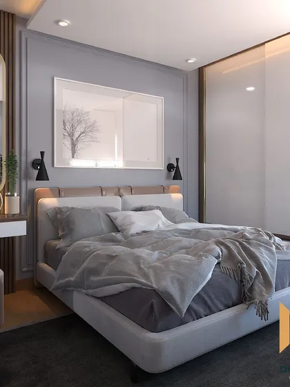 A serene master bedroom with a grey and white color scheme, fluted wood paneling, and a sleek dressing table.
