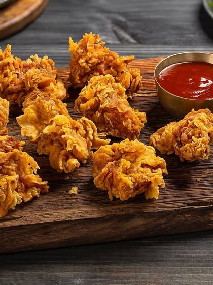 Crispy fried chicken bites on a wooden board, shot for Nazeer Foods to highlight texture.