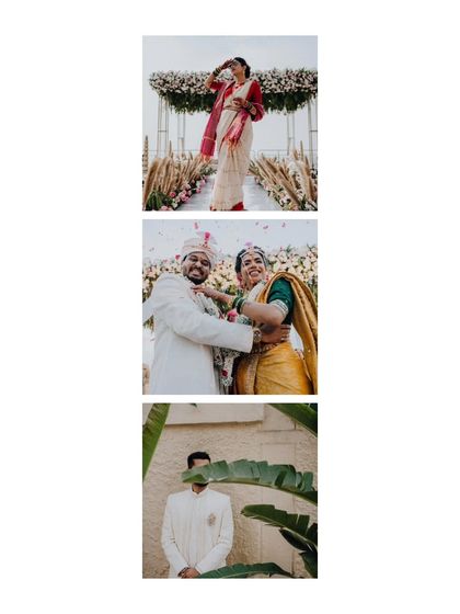 A collage of moments from Nikita and Shriyansh's wedding, from the bride's entrance to their happy interactions.