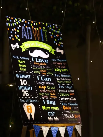 A personalized chalkboard-style milestone board for the birthday boy, Adwit. It highlights all his favorites, achievements, and cute facts from his first year.