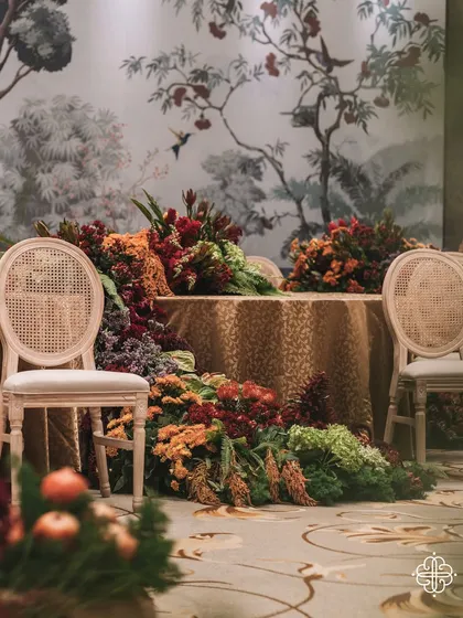 A floral runner cascades between two tables at the 'Orchard of Life' naming ceremony, creating a sense of overflowing abundance.