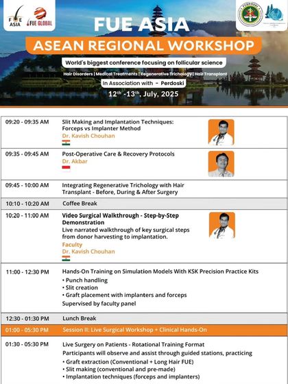 The detailed scientific agenda for our Bali workshop, showing my sessions on Slit Making, Implantation Techniques, and a live surgical walkthrough.