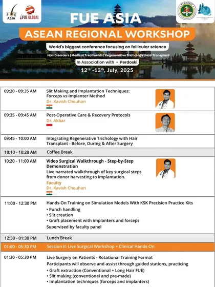 The detailed scientific agenda for our Bali workshop, showing my sessions on Slit Making, Implantation Techniques, and a live surgical walkthrough.