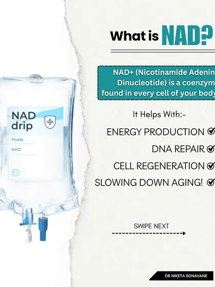 What is NAD+? It's a coenzyme found in every cell of your body that is crucial for energy production, DNA repair, and cell regeneration. NAD+ IV therapy helps replenish its levels, effectively slowing down the aging process from the inside out.