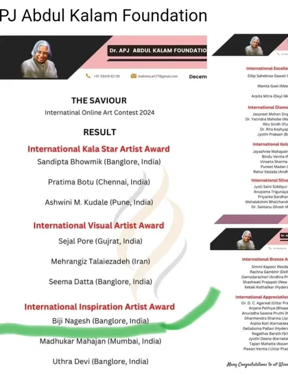 The official results list from the 'The Saviour' International Online Art Contest, where I was named an 'International Inspiration Artist Award' winner.