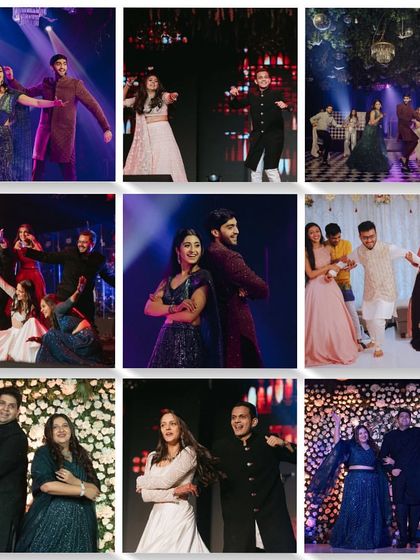 A collage celebrating the beautiful bond of siblings on Raksha Bandhan, featuring moments from various sangeet performances we've choreographed.