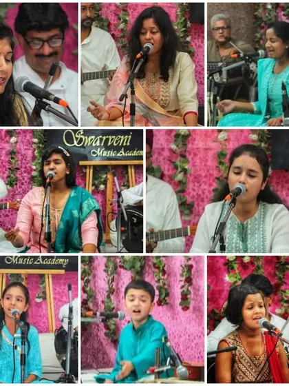 A collage featuring our young and adult female students who graced the stage at Swarveni Utsav.