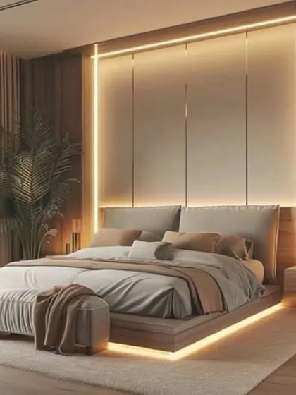 A warm and inviting bedroom with extensive wood paneling and integrated LED lighting. The floating bed design adds to the modern and luxurious feel.
