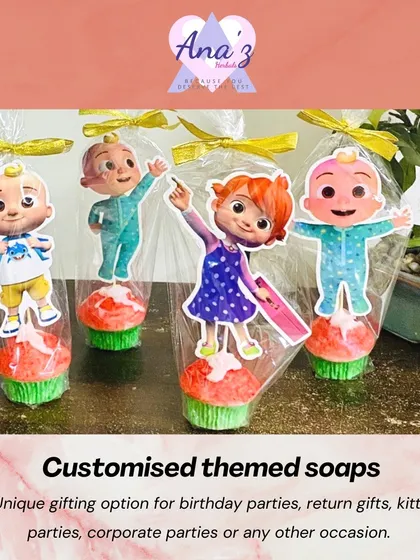 Make your child's birthday party unforgettable with these custom themed soaps. They are a unique and fun option for return gifts. I can create them based on any theme, like the Cocomelon ones shown here, and they are completely natural and safe for kids.