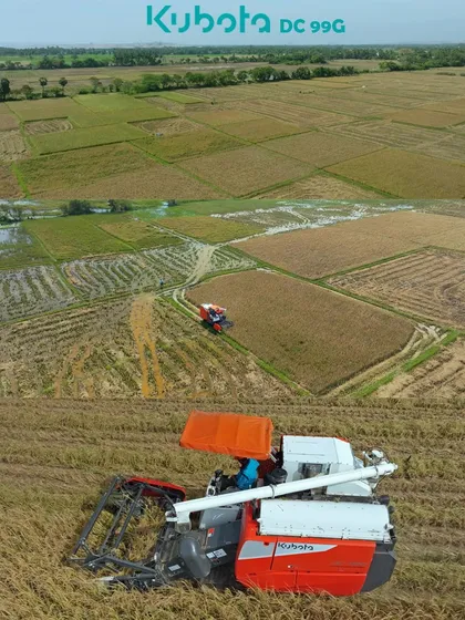 For product launches, we create compelling videos that show your equipment in its intended environment. This shot for the Kubota Harvester launch promo captures the machine at work in the field, demonstrating its efficiency and capabilities from both aerial and ground perspectives.
