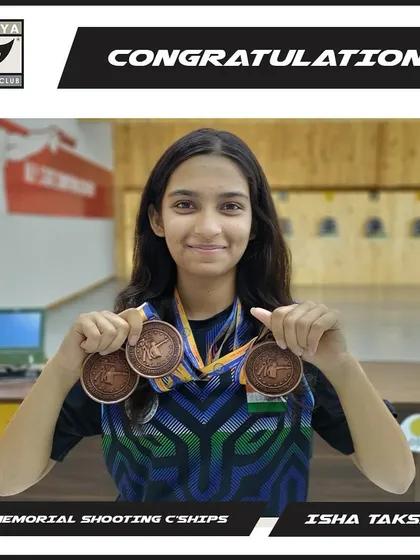 Our 'Girls for Gold' shooter Isha Taksale with her three bronze medals from the KSS Memorial Shooting Championships.