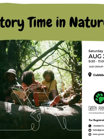 A poster for one of our "Story Time in Nature" events, showcasing the magical, immersive setting where our tales unfold.