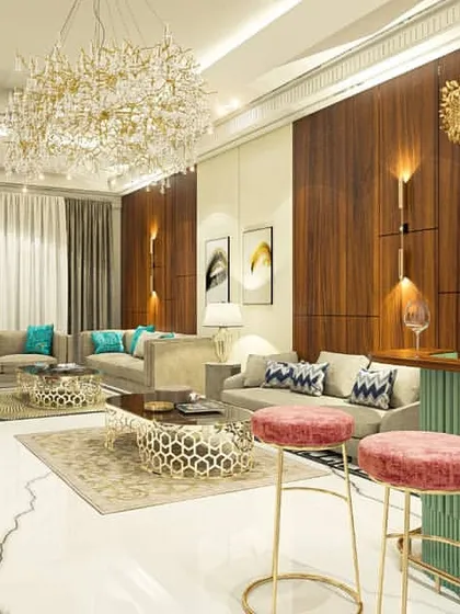 This living room interior combines comfortable lounging with a sophisticated home bar. I used a rich palette of wood paneling, marble flooring with geometric inlays, and statement chandeliers to create a space perfect for both relaxation and high-end entertaining.
