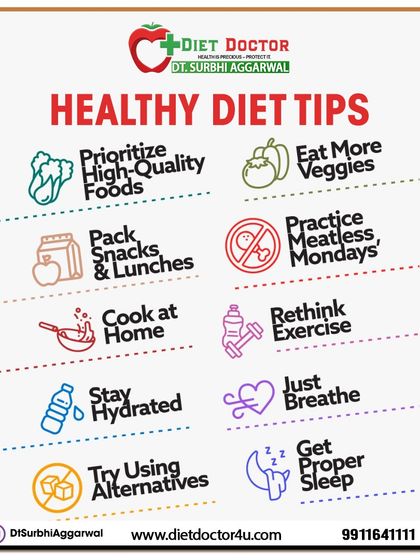 This collection of healthy diet tips covers all aspects of wellness. I guide my clients to not only cook at home and stay hydrated but also to practice mindfulness and get proper sleep.