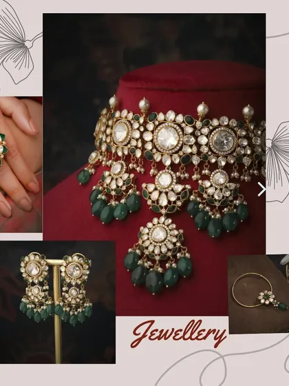 A glimpse into the stunning jewelry of a Punjabi bride, including elaborate choker sets, maang tikkas, and the traditional kaleeras.