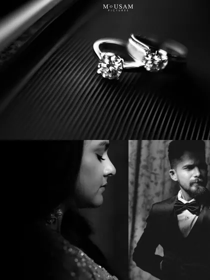 A stylish black and white collage. The top frame features a detailed shot of the engagement rings, while the bottom shows individual, moody portraits of the bride and groom, telling a complete story of their commitment.