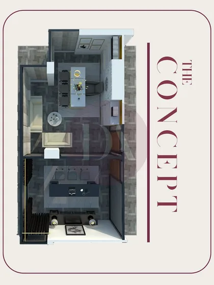 A top-down view of a 3D concept model. This visualization helps us plan the layout and flow of a space, ensuring every inch is used effectively before we begin execution.