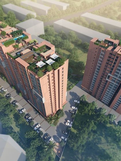 An aerial render illustrating the extensive green roof systems designed for a residential tower, turning unused space into valuable ecological and recreational assets.