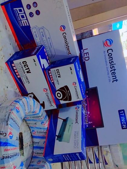 I stock all the components needed for a full CCTV setup from the brand Consistent. This includes network cameras, a 17-inch LED monitor, power supplies, and wiring, ensuring a seamless and reliable system.