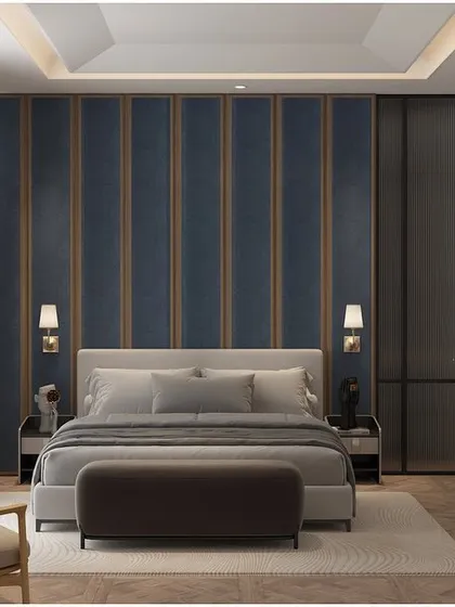 This view of the bedroom highlights the bold, striped accent wall behind the bed. The dark blue and gold create a sophisticated and dramatic focal point, balanced by the neutral tones elsewhere in the room.