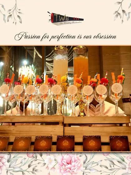 A vibrant display of mocktails and fresh fruit infusions for a large wedding reception.