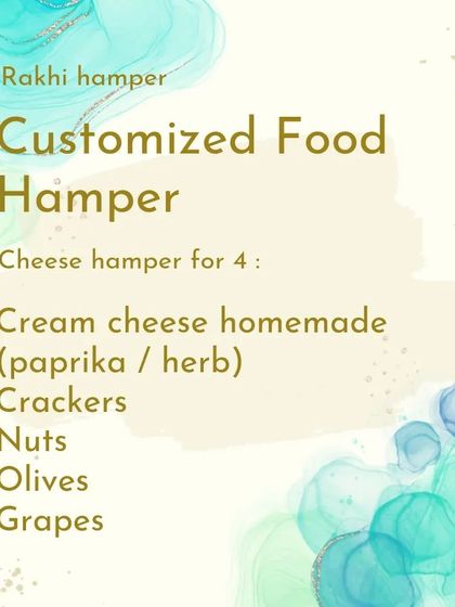 This is an example of a customized cheese hamper menu for four people. We work with you to create the perfect combination of our homemade cream cheese, crackers, nuts, olives, and grapes for your special occasion.