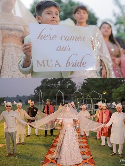 A collage showing the details of a unique bridal entry, with a sign that reads "here comes our MUA bride".