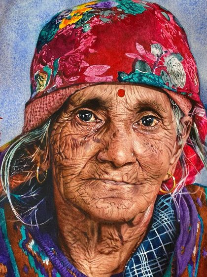 An advanced portrait demonstration, this piece is a study in capturing the textures of both skin and fabric. The intricate pattern on the headscarf was as important as the wrinkles on her face.