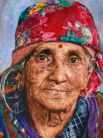 In this advanced portrait, we explored how to paint a face with intricate details in the clothing and headscarf, balancing patterns and textures without overwhelming the subject's expression.
