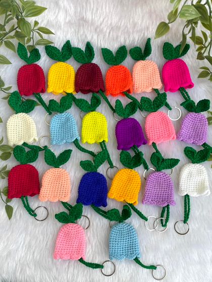 The full, colorful batch of tulip keychains made for a custom order. Seeing them all together is so satisfying.