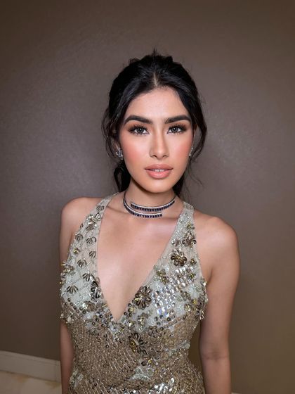 Another angle of the soft glam cocktail look, showing the beautiful highlight on the cheekbones and the perfectly blended eyeshadow.