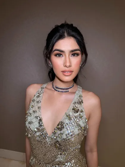 Another angle of the soft glam cocktail look, showing the beautiful highlight on the cheekbones and the perfectly blended eyeshadow.