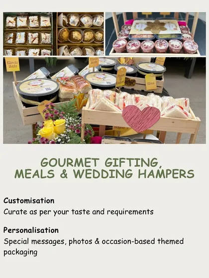 This image shows the different components of our gourmet gifting service. You can choose from mithai boxes, meal hampers, and wedding favours, all of which can be customized.